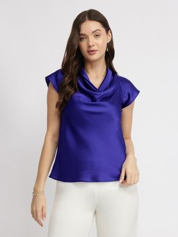 FableStreet - Satin Cowl Neck Top - Royal Blue