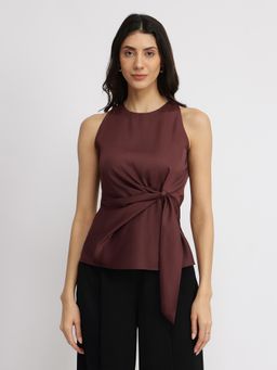 FableStreet - Satin Tie Up Top - Brown