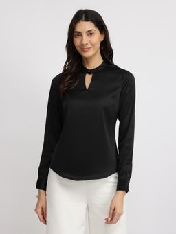 FableStreet - Satin High Collar Top - Black