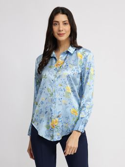 FableStreet - Satin Floral Shirt - Blue