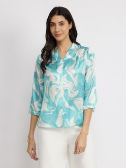 FableStreet - Satin Marble Print Top - Light Blue