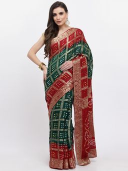 KISHORI - Women Bandhani With Zari Weaving Silk Saree & Blouse Green& Maroon with Unstitched