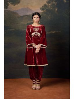 THETAA - Hand-Embroidered Velvet Red Kalidar Anarkali Set