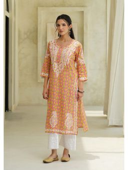 House of Chikankari - Pink Cotton Chikankari Printed Kurta