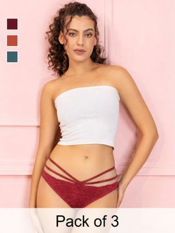 Chelvet - Women Mid-Rise Lace Power mesh Bikini - Multi-Color (Pack of 3)