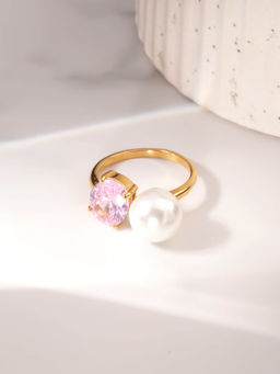 Palmonas - Elegant Pink Crystal And Pearl Ring For Womens - Waterproof And Anti-Tarnish