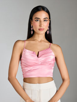 RSVP by Nykaa Fashion - Pink Sweetheart Neck Pleated Solid Crop Top