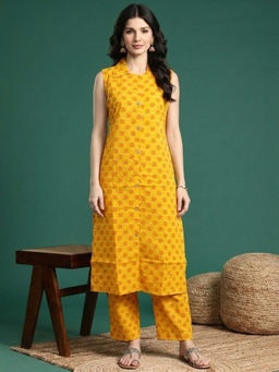 ANAISA - Women's Cotton Floral Mustard Kurta and Pant