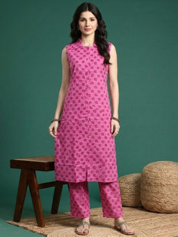 ANAISA - Women's Cotton Floral Pink Kurta and Pant