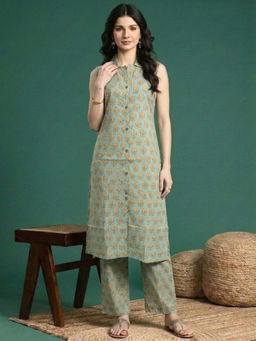 ANAISA - Women's Cotton Floral Green Kurta and Pant