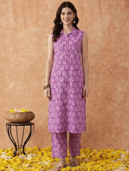 ANAISA - Women's Cotton Floral Purple Kurta and Pant