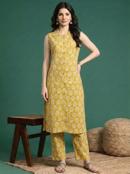 ANAISA - Women's Cotton Floral Yellow Kurta and Pant