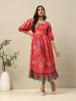 Garden VARELI - Red Silk Blend Floral Printed Sweetheart Neck Midi Dress