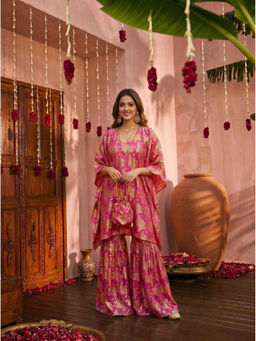 AMAGYAA - Women's Lurex Floral Pink Kaftan and Top and Sharara with Potli