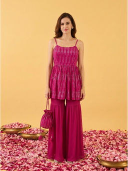 AMAGYAA - Women's Lurex Printed Magenta Peplum Top and Palazzo with Potli