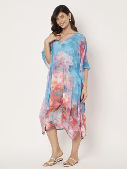 SWI STYLISH - Women's V-Neck Georgette Beachwear Floral Print Kaftan Dress