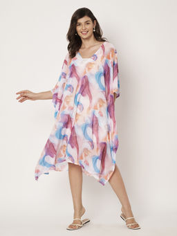 SWI STYLISH - Women V-Neck Georgette Beachwear Printed Kaftan Dress
