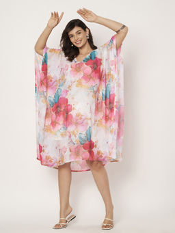 SWI STYLISH - Women's Floral Print V-Neck Georgette Beachwear Kaftan Dress