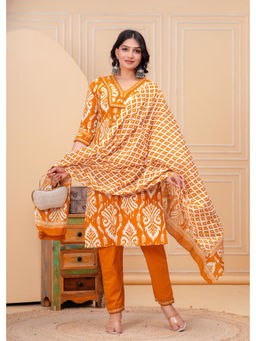 JAIPUR SARAI - Women's Cotton Printed Mustard Kurta and Pant with Dupatta