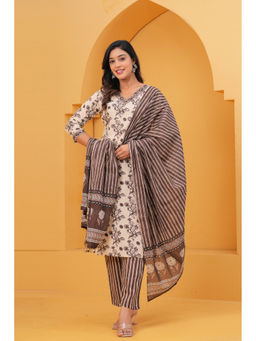 JAIPUR SARAI - Women's Cotton Floral Beige Kurta and Pant with Dupatta