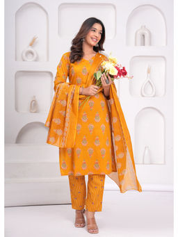 JAIPUR SARAI - Women's Cotton Printed Yellow Kurta and Pant with Dupatta