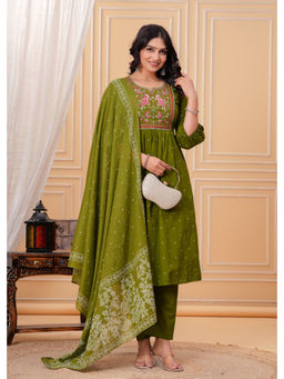 JAIPUR SARAI - Women's Cotton Embroidered Green Kurta and Pant with Dupatta