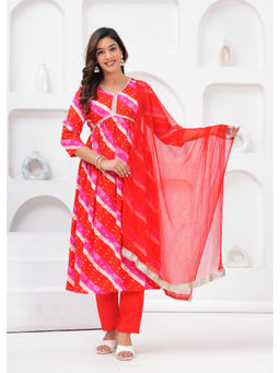 JAIPUR SARAI - Women's Cotton Printed Red Anarkali and Pant with Dupatta