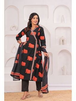 JAIPUR SARAI - Women's Cotton Animal Print Black Angarkha and Pant with Dupatta