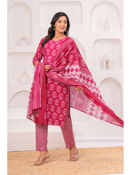 JAIPUR SARAI - Women's Cotton Floral Pink Kurta and Pant with Dupatta