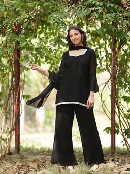 Poshak Hub - Women's Georgette Solid Black Kurti and Palazzo with Dupatta