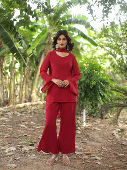 Poshak Hub - Women's Georgette Solid Wine Kurti and Palazzo with Dupatta