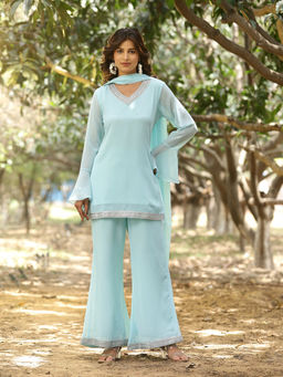 Poshak Hub - Women's Georgette Solid Turquoise Kurti and Palazzo with Dupatta