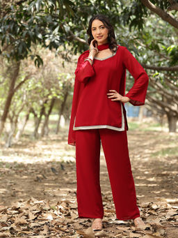 Poshak Hub - Women's Georgette Solid Maroon Kurti and Palazzo with Dupatta