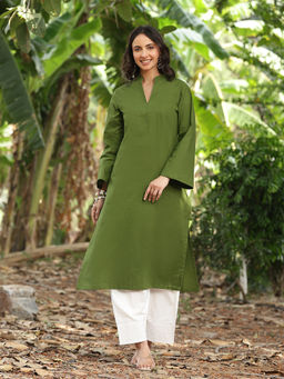 Poshak Hub - Women's Georgette Solid Olive Kurta and Palazzo