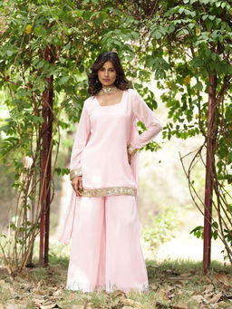 Poshak Hub - Women Georgette Solid Pink Kurti and Palazzo with Dupatta