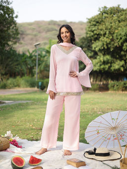 Poshak Hub - Women's Georgette Solid Pink Kurti and Palazzo with Dupatta