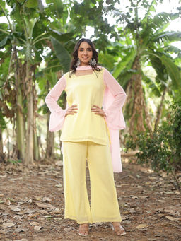 Poshak Hub - Women's Georgette Solid Yellow Kurti and Palazzo with Dupatta
