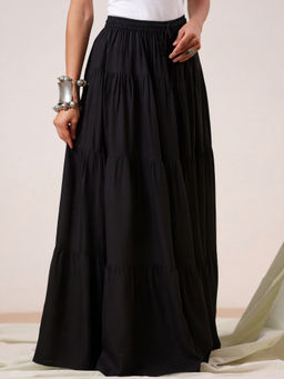 Rimeline - Women Black Solid Tiered Maxi Flared Skirt