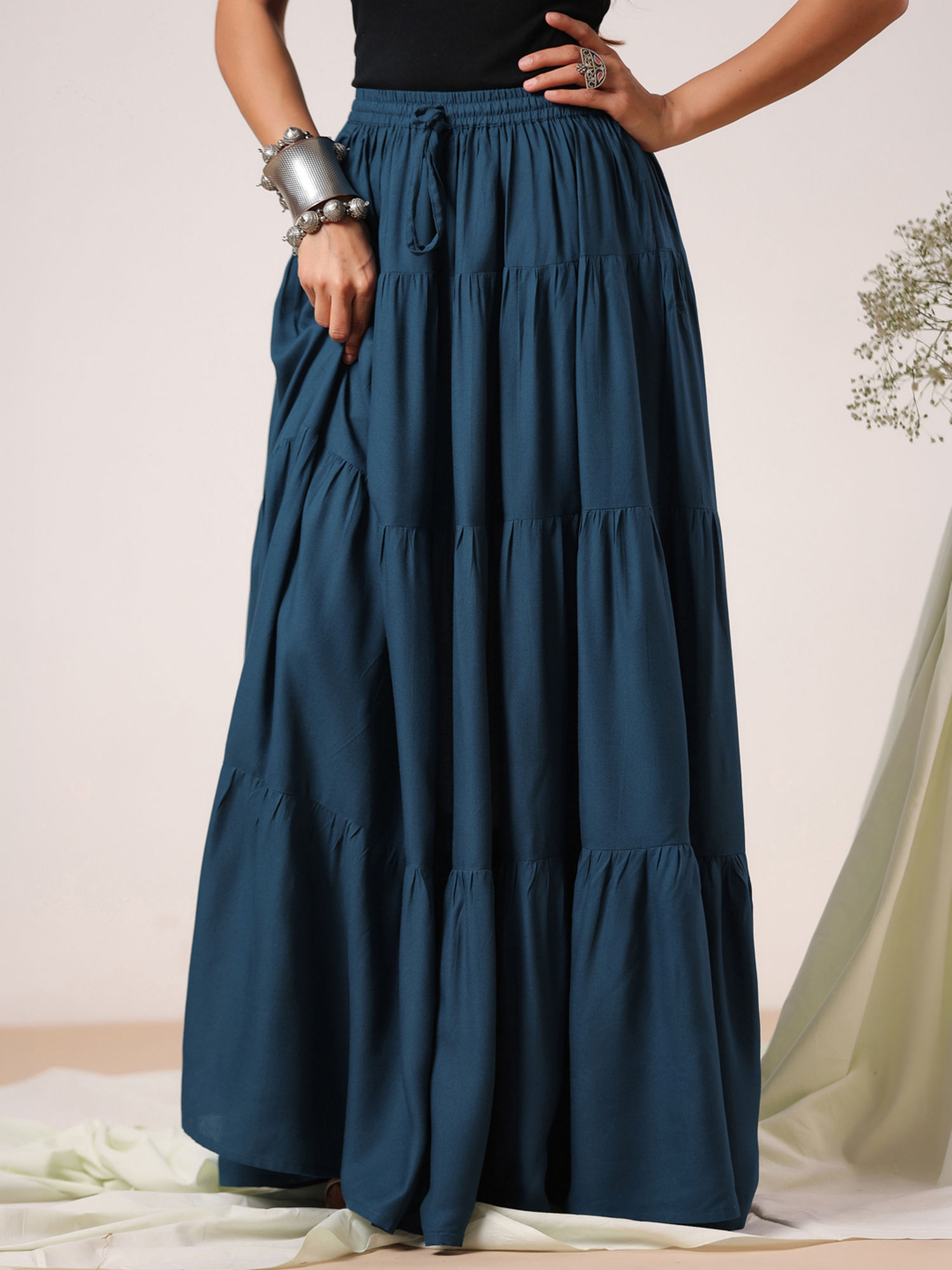 rimeline Women Teal Solid Tiered Maxi Flared Skirt-picture-18