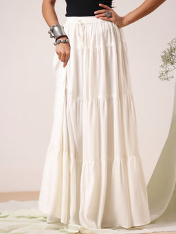 Rimeline - Women White Solid Tiered Maxi Flared Skirt