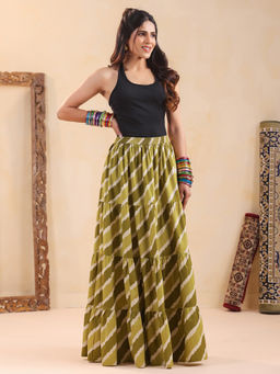 Rimeline - Women's Green Leheriya Cotton Maxi Skirt