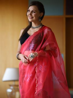 Odette - Red Organza Printed Saree with Unstitched Blouse