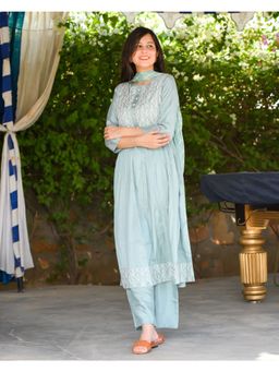 GULABI DORI - Fern Green Muslin Kurta Set With Embroidery (Set of 3)