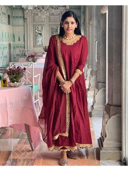 GULABI DORI - Maroon Shantung Embroidered Anarkali Set (Set of 3)