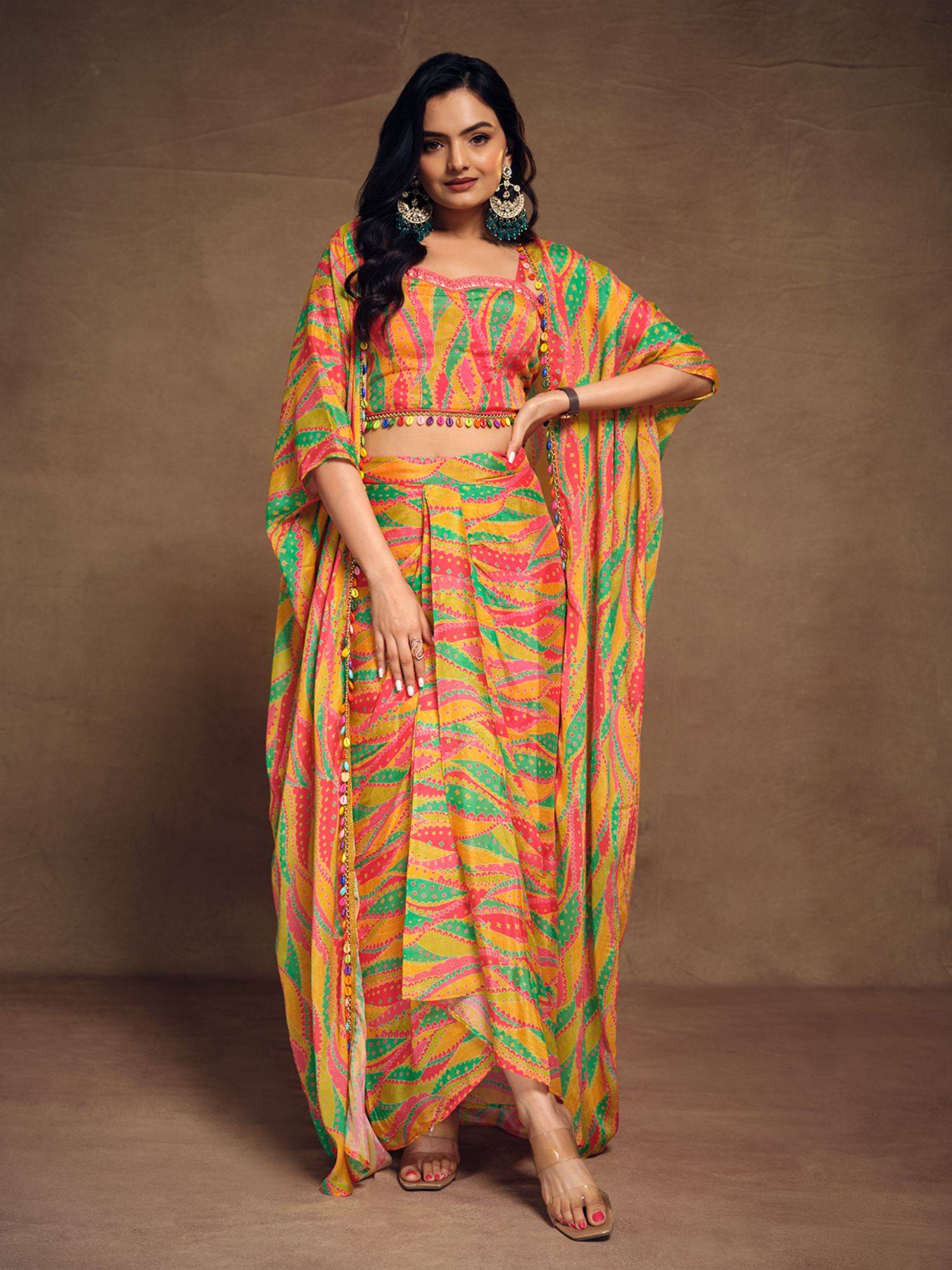 Multi-Color Silk Blend Printed Stitched Indo Western Co-ord For Women (Set of 3)