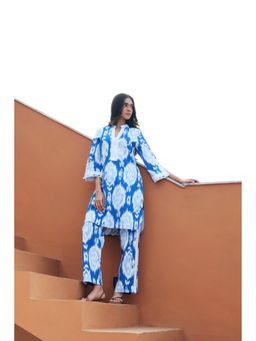 etre comfortwear - Blue Cotton Ikat Printed Co-Ord Set