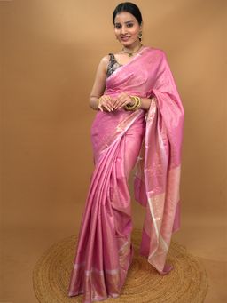 Hella Fashions - Pink Art Silk Zari Woven Saree With Unstitched Blouse