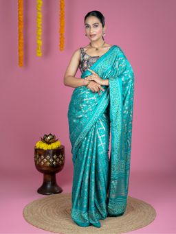 Hella Fashions - Turquoise Crepe Zari Woven Saree With Unstitched Blouse