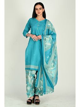 Rajnandini - Turquoise Cotton Blend Printed Kurta With Pant & Dupatta