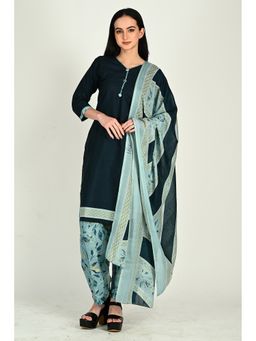 Rajnandini - Teal Cotton Blend Printed Kurta With Pant & Dupatta